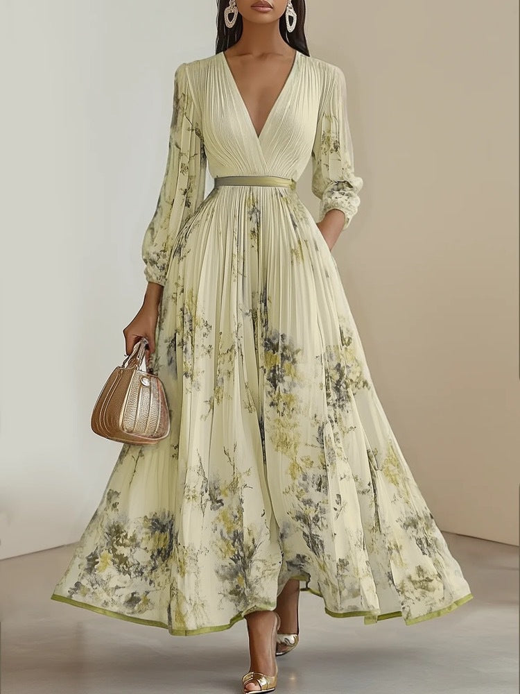 Robe longue à manches longues pour femmes avec col en V et plis