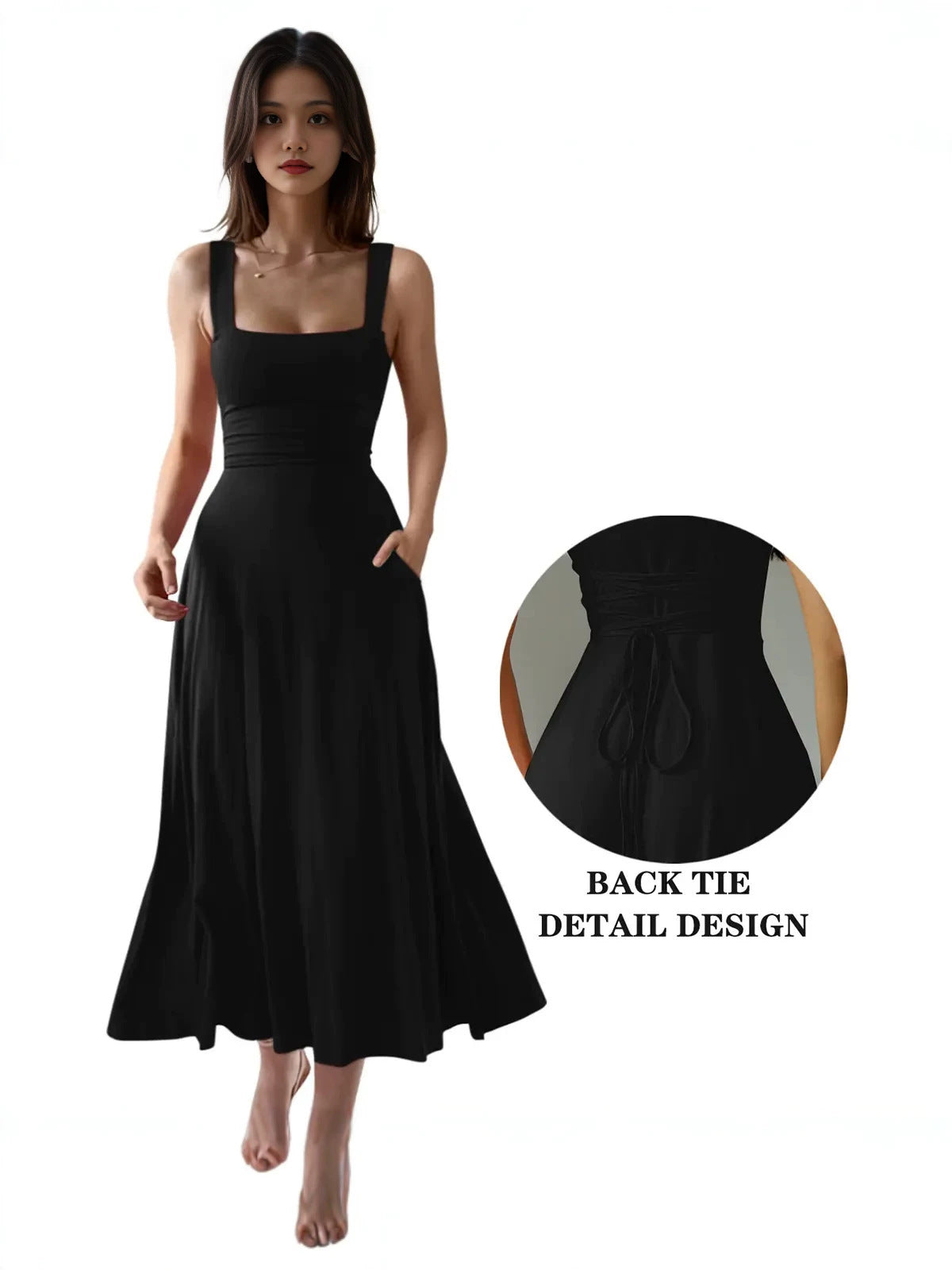 Robe longue élégante à bretelles épaisses et col carré