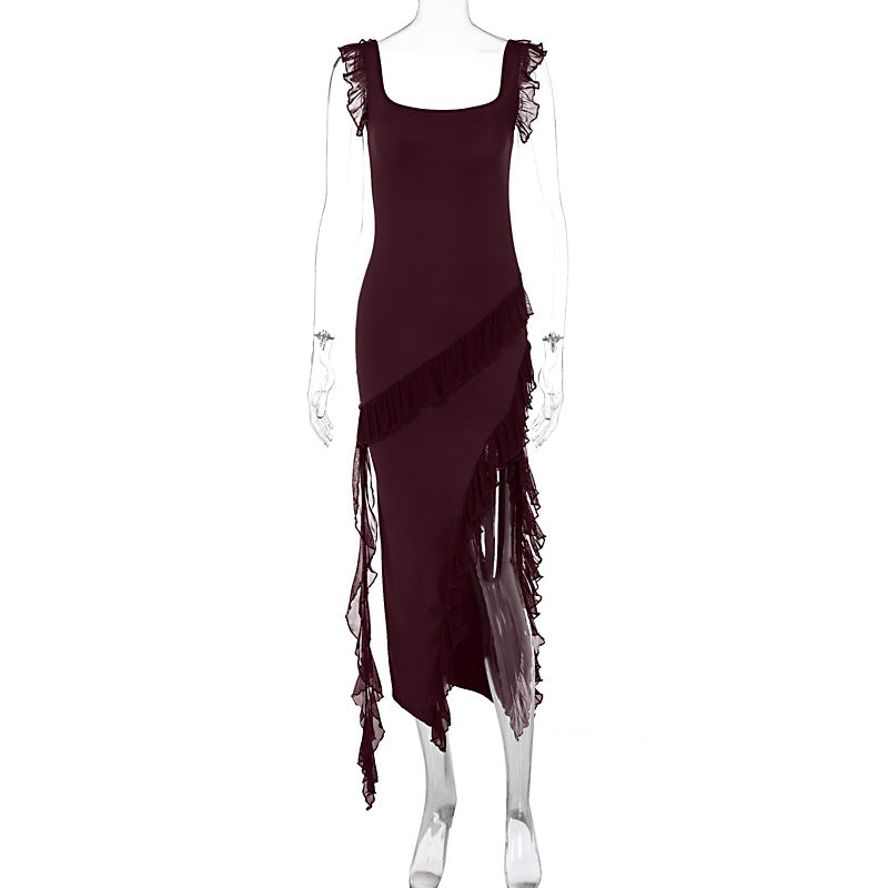 Robe longue fendue à volants sans manches