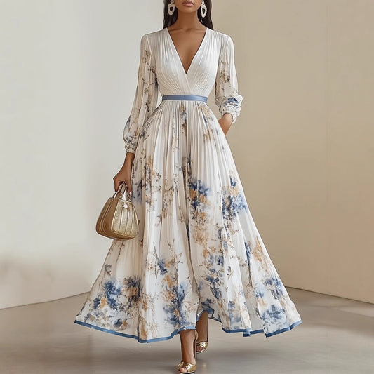 Robe longue à manches longues pour femmes avec col en V et plis