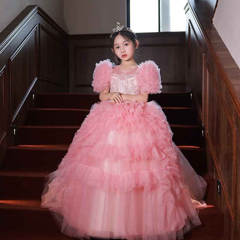Robe de spectacle pour filles en lin rose