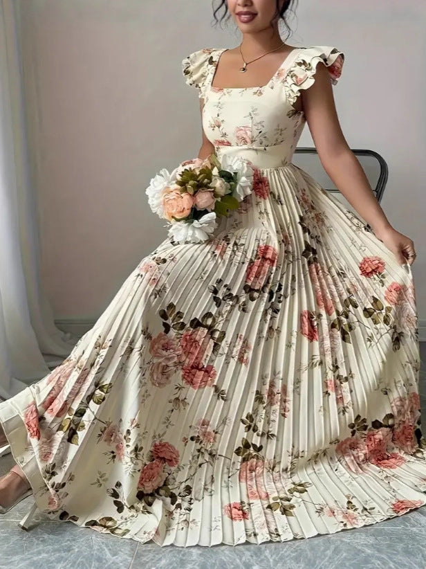 Robe plissée à manches volantées et encolure carrée fleurie