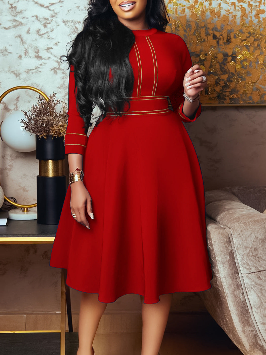 Robe trapèze à manches courtes pour femme