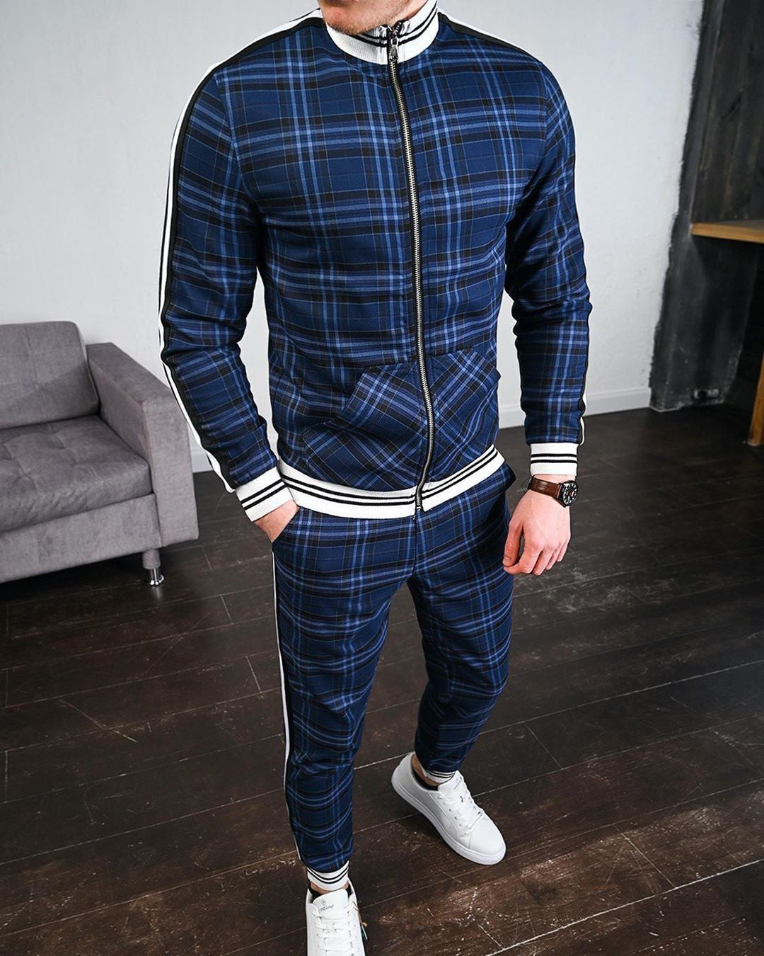 Ensemble veste et pantalon à carreaux pour homme, style sport décontracté