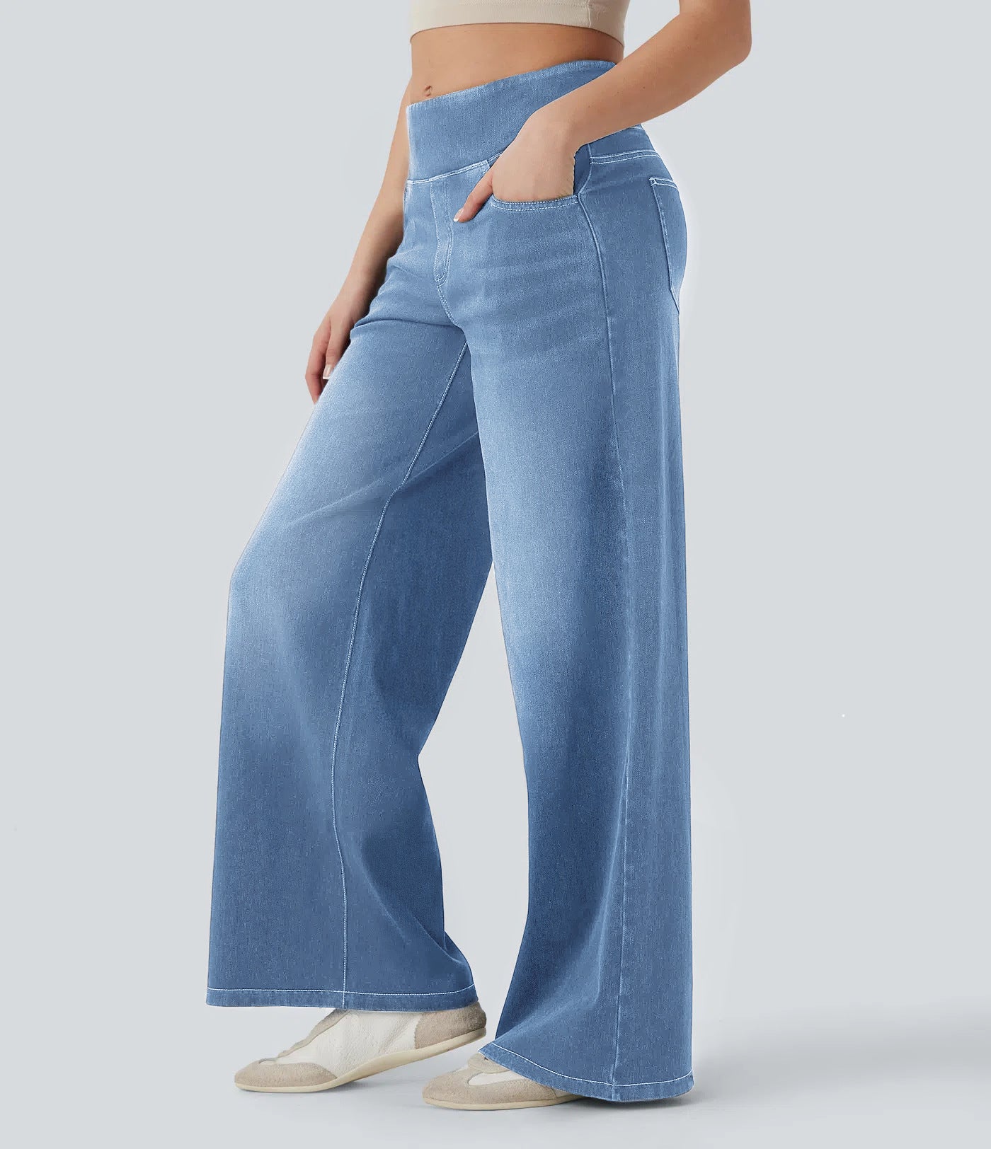 Pantalon en jean femme taille haute à jambes larges et élastique