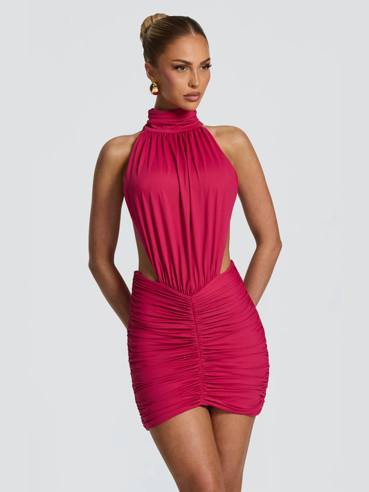 Mini-robe moulante pour femme, sans manches, à encolure américaine, avec découpes et détails froncés