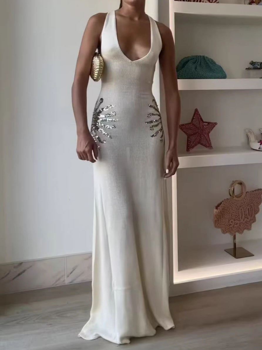 Robe tricotée à paillettes pour femmes, décolleté en V et dos nu