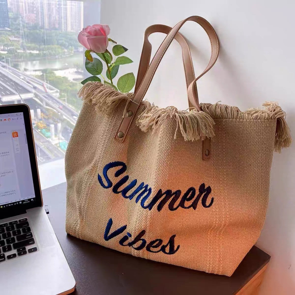 Sac cabas en toile brodée - Grand sac bandoulière pour femme