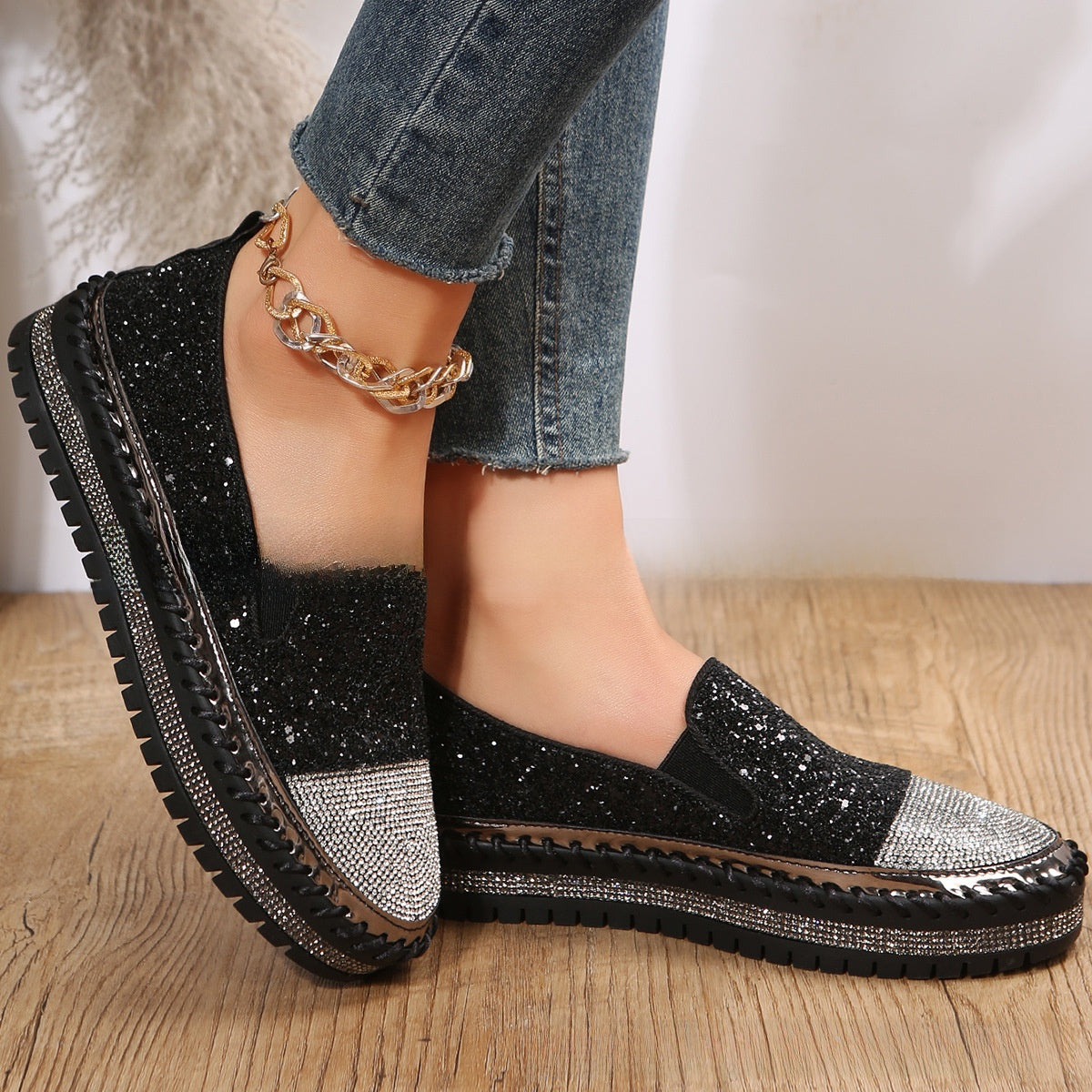 Mocassins décontractés pour femmes avec strass et semelle épaisse