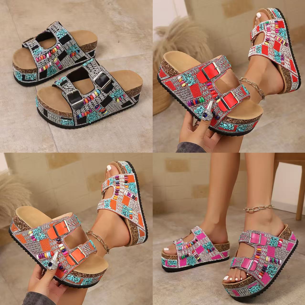 Sandales de plage à semelle épaisse avec boucle en strass