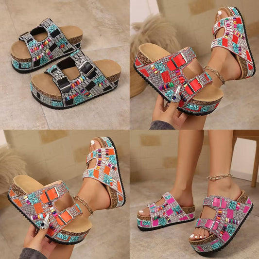 Chaussures :Sandales de plage à semelle épaisse avec boucle en strass