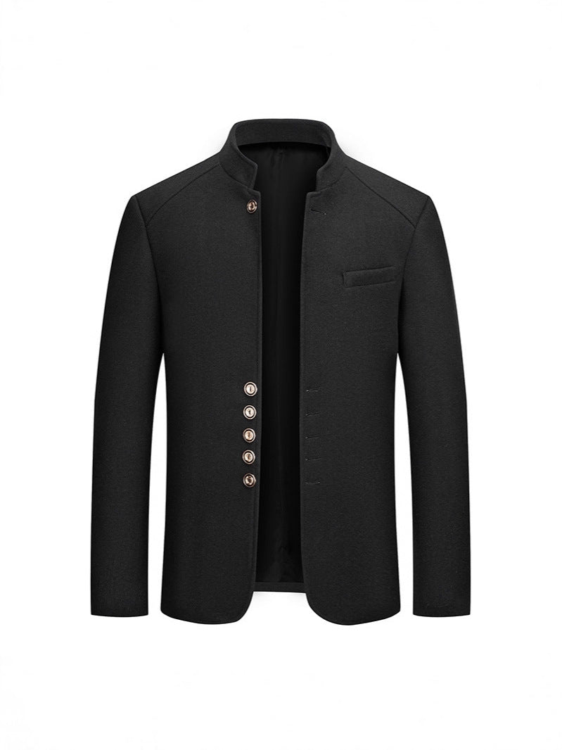 Manteau en laine pour hommes automne et hiver, décontracté, coupe slim, col droit style Zhongshan, manteau en laine uni pour hommes