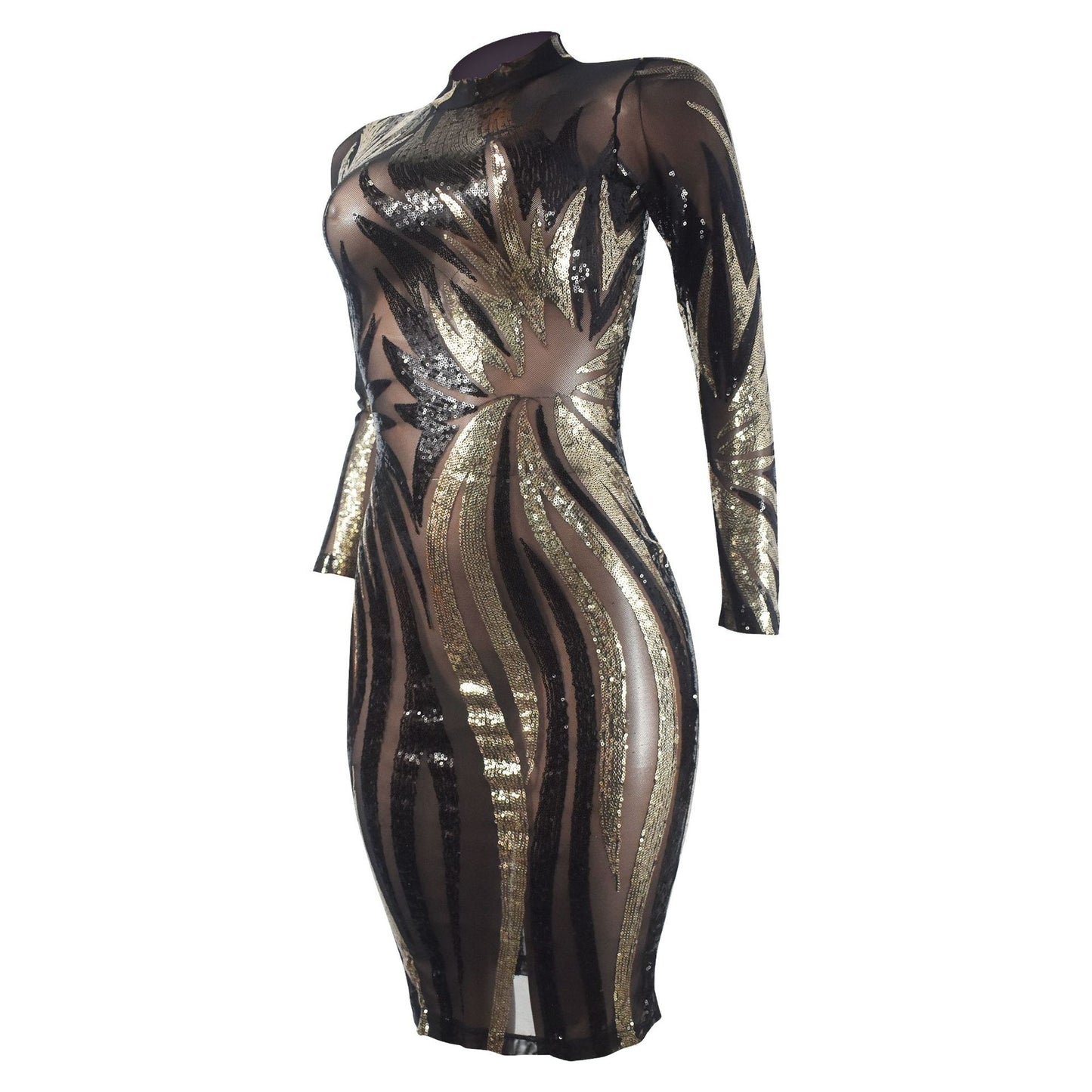Robe midi moulante à sequins imprimés pour femme, manches longues