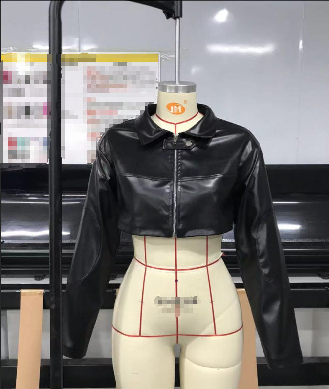Veste à revers en cuir PU pour femmes