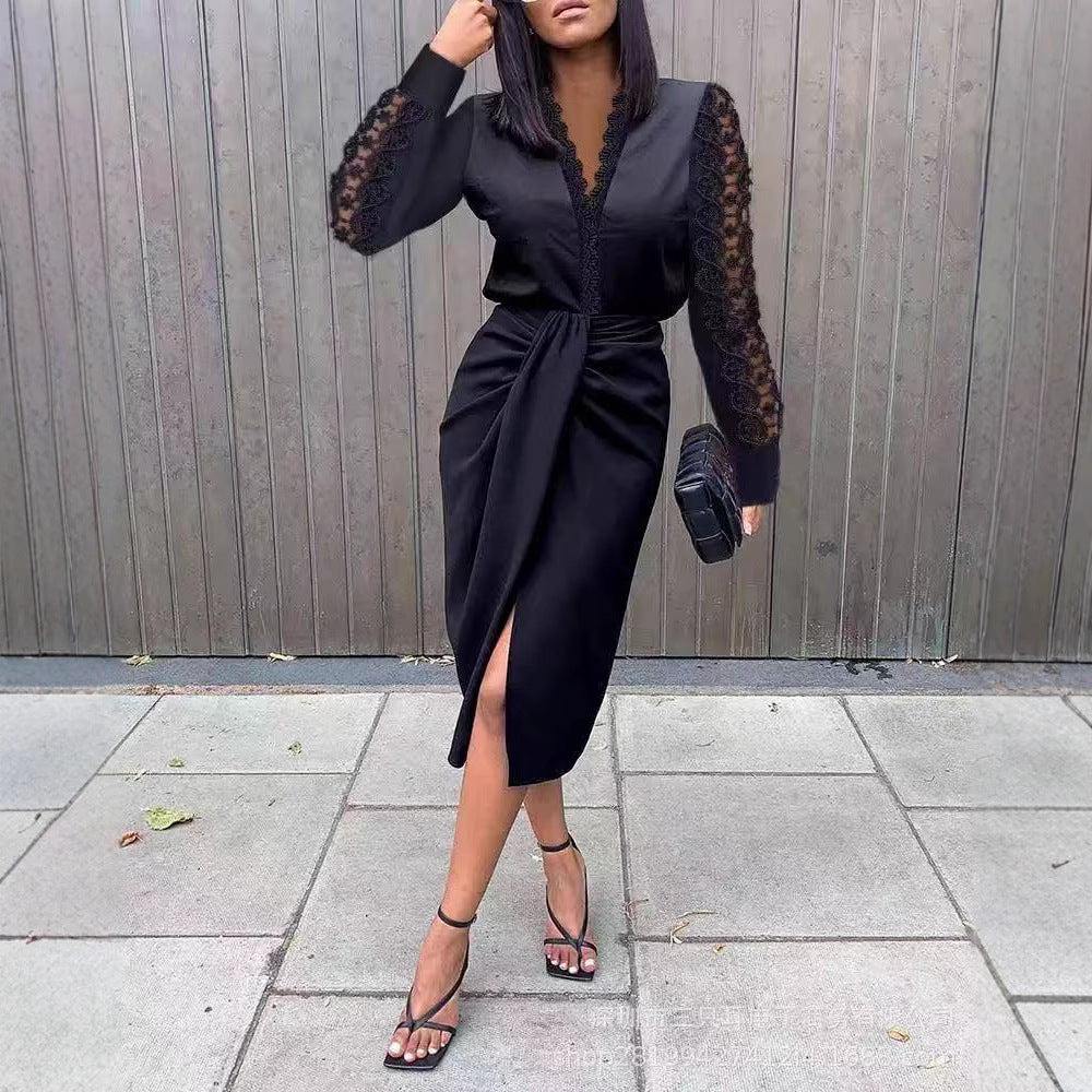Robe longue à manches longues en dentelle pour femmes avec col en V