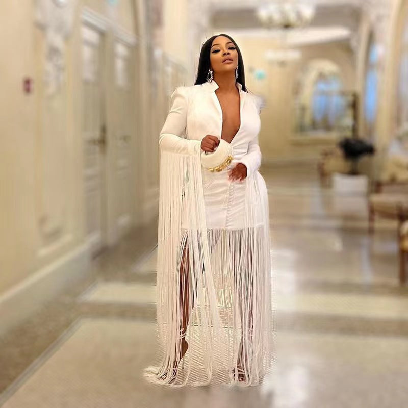Habit :Robe moulante sexy à décolleté plongeant et manches longues à franges pour femme