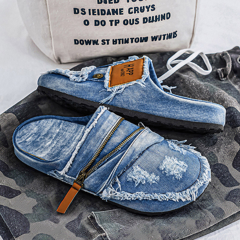 Sandales rétro en denim à bout fermé, chaussures tendance et élégantes pour hommes, collection été 2026.