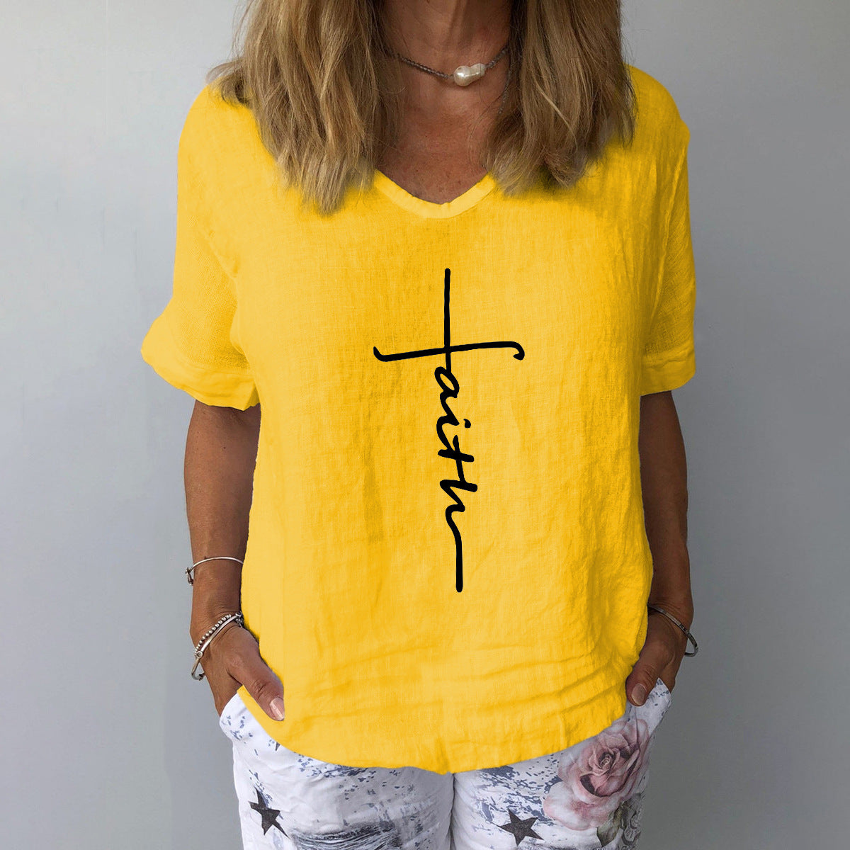 Chemise courte à manches en coton et lin imprimé