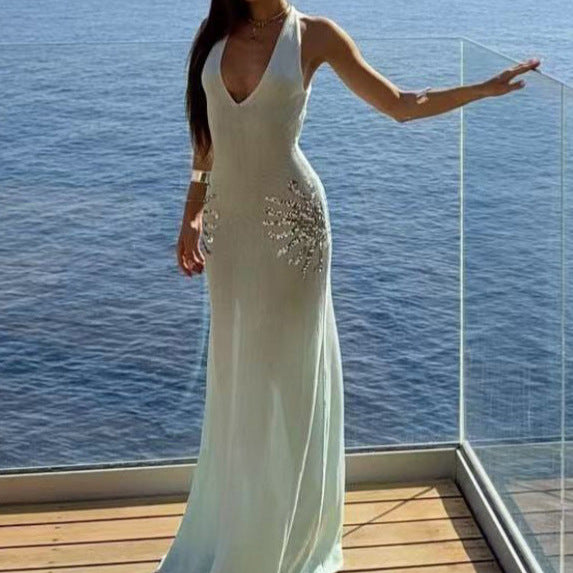 Robe tricotée à paillettes pour femmes, décolleté en V et dos nu