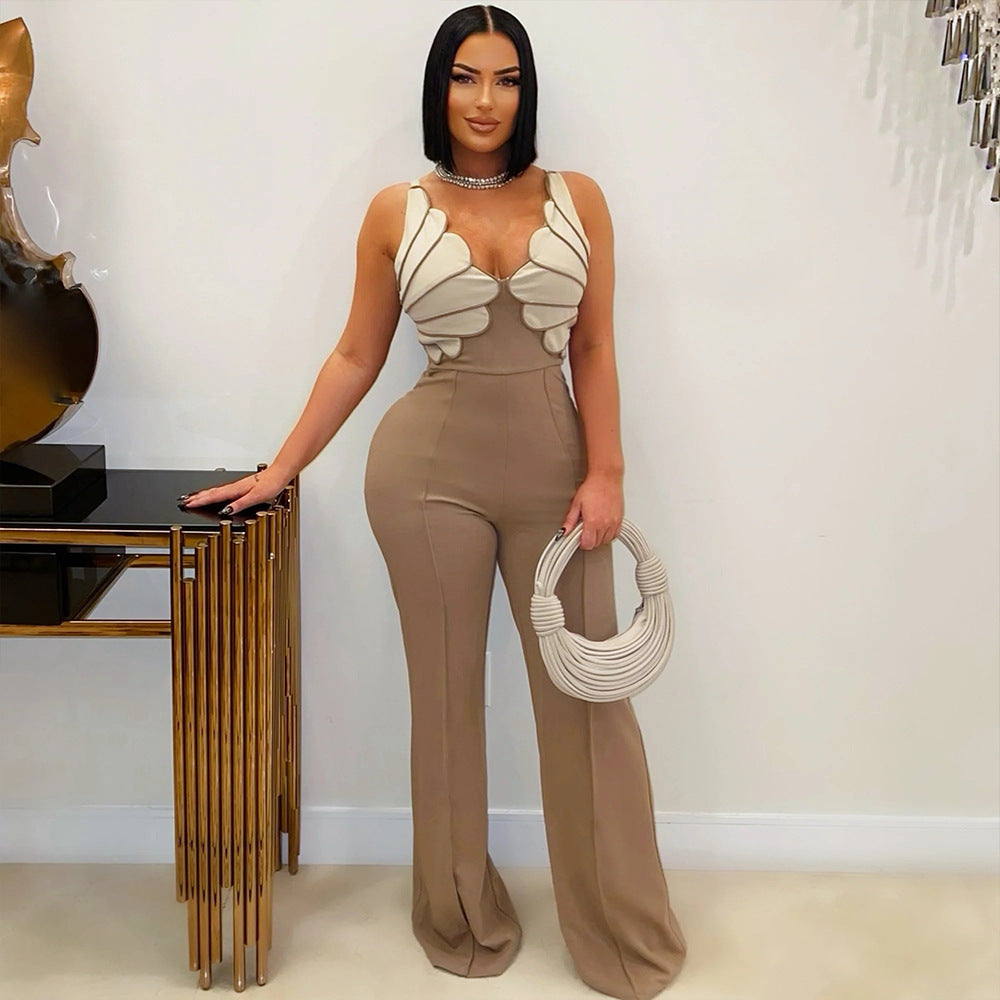 Habit :Combinaison moulante sexy sans manches à col en V pour femme