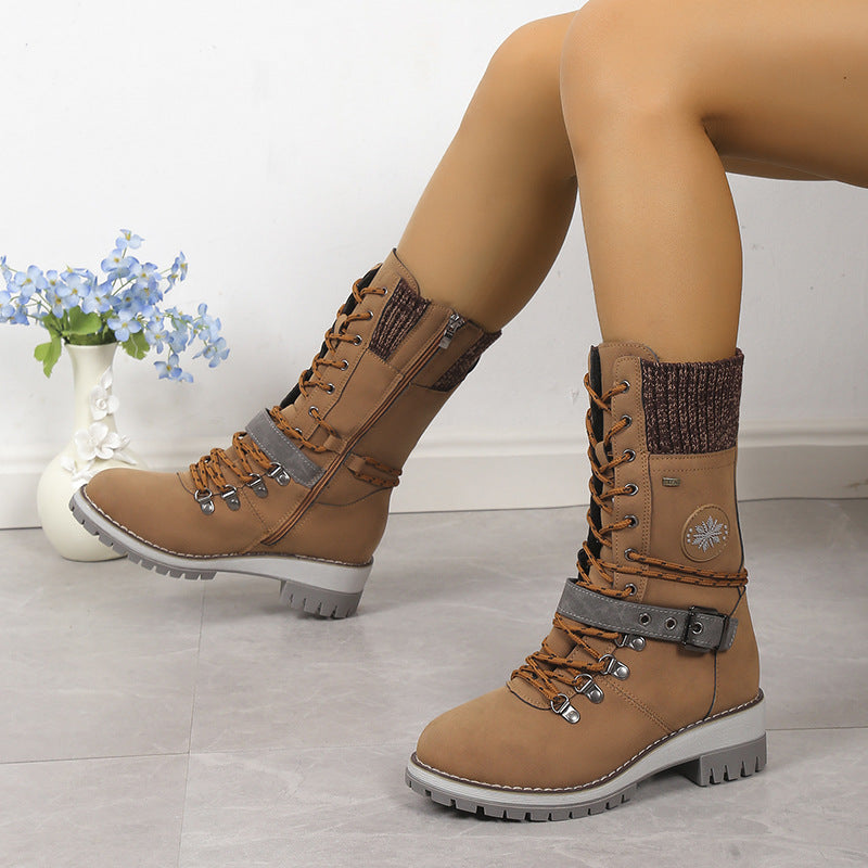 Bottes d'hiver pour femmes doublées de fourrure, chaudes, montantes, à lacets