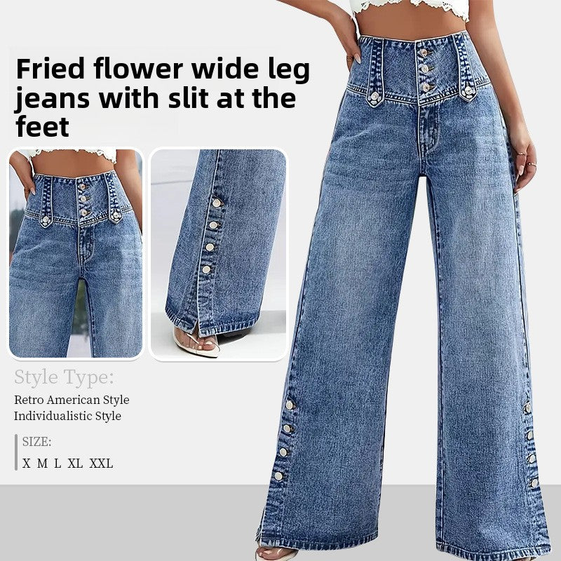 Pantalon en jean à jambe large avec bordure florale
