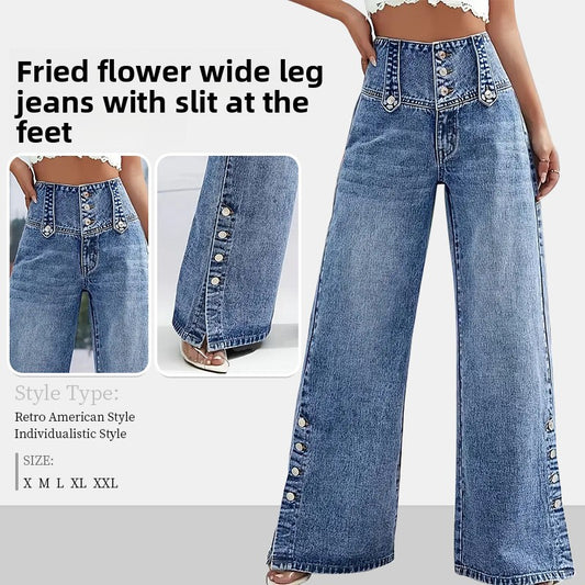 Pantalon en jean à jambe large avec bordure florale