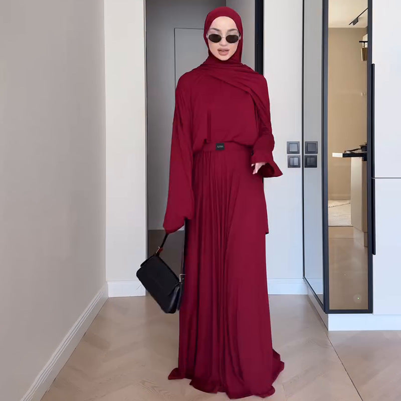 Ensemble de robe à manches longues plissée de couleur unie