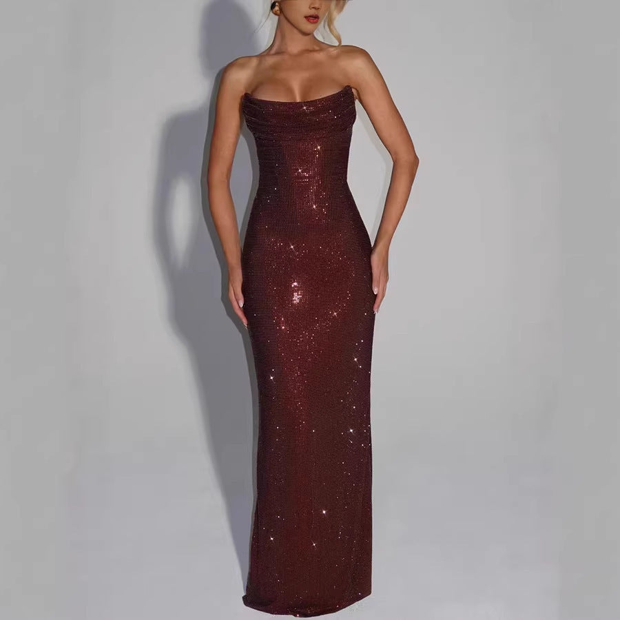 Robe de soirée élégante sans manches ornée de sequins