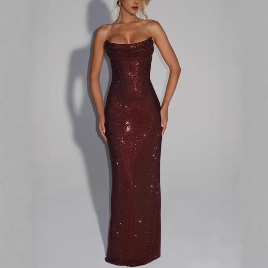 Robe de soirée élégante sans manches ornée de sequins