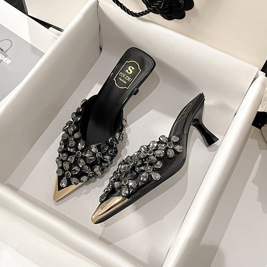 Chaussures :Pantoufles à talons hauts à bout pointu ornées de perles