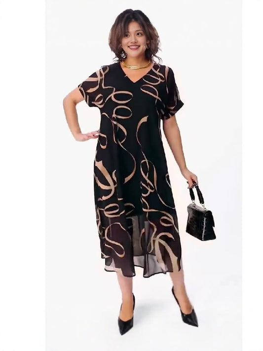 Elegant Abstract Print V-Neck Mid-Length Dress