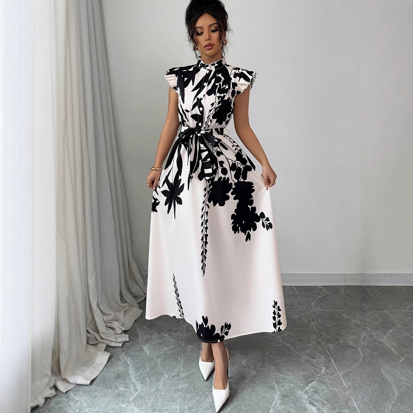 Robe à manches à volants avec imprimé floral