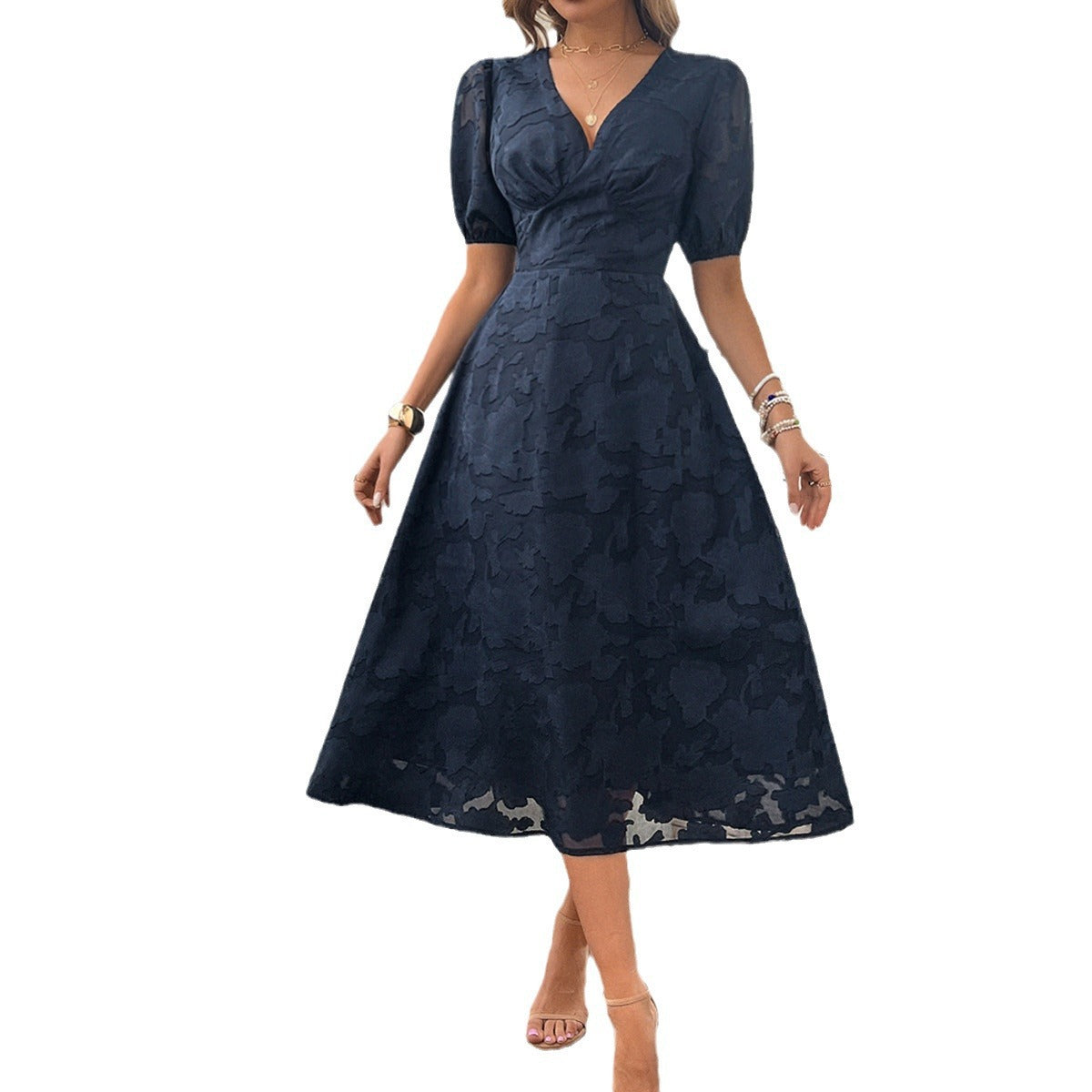 Robe florale pour femmes à col en V et taille haute