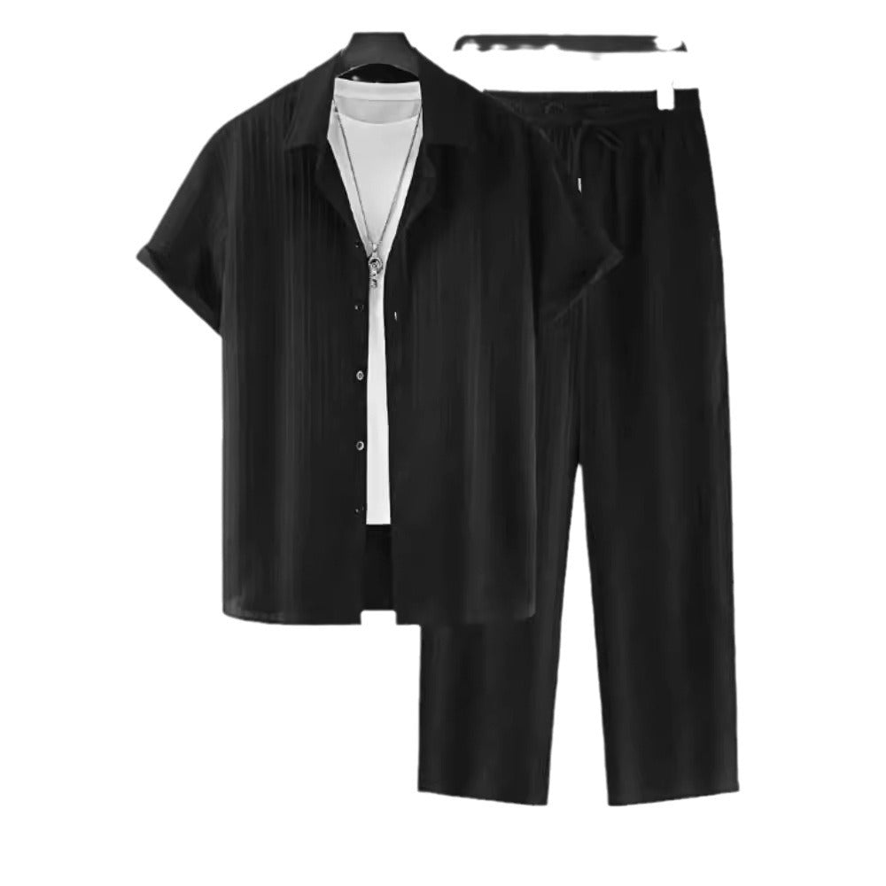 Chemise à manches courtes rayée pour hommes et pantalon ensemble décontracté