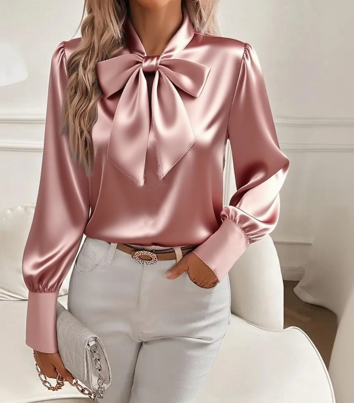 Blouse en satin avec nœud pour femmes