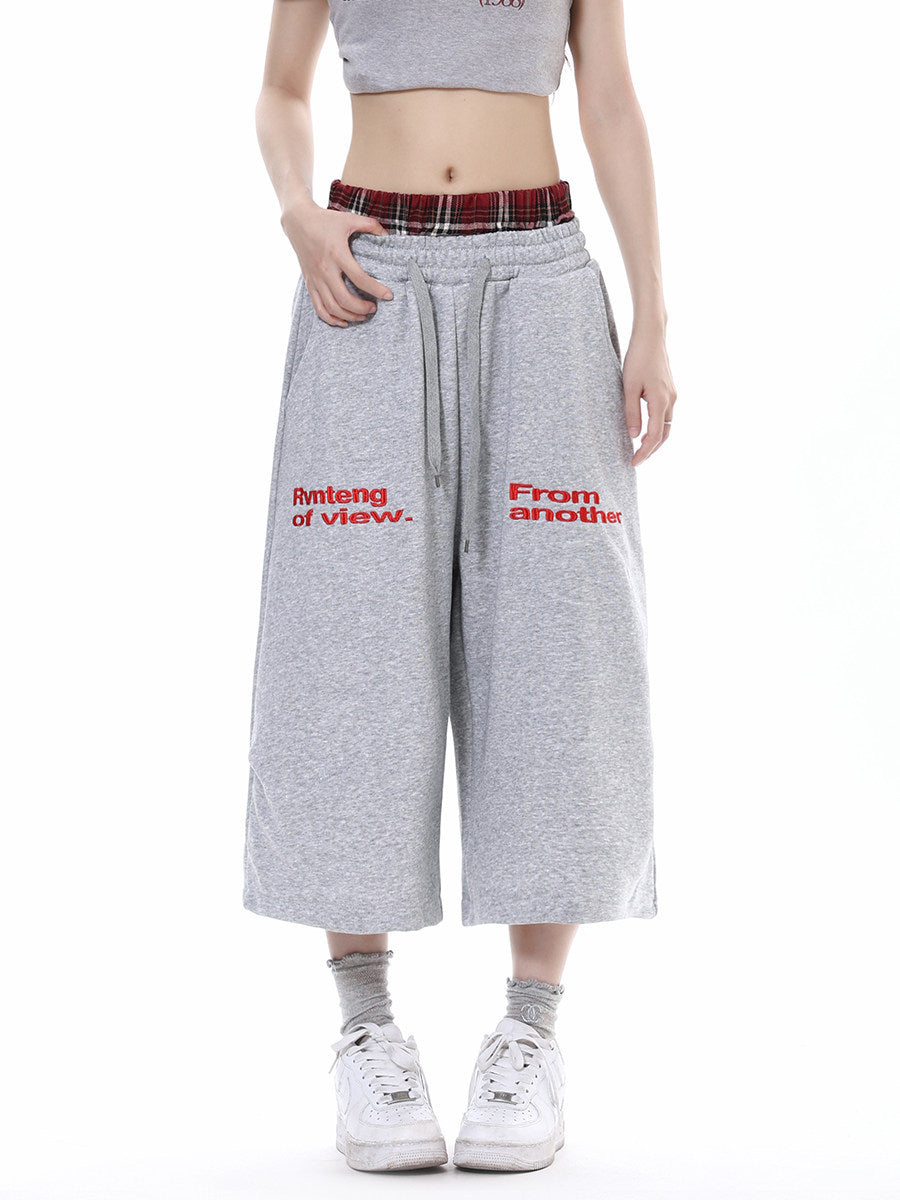 Pantalon court décontracté à carreaux patchwork et double taille