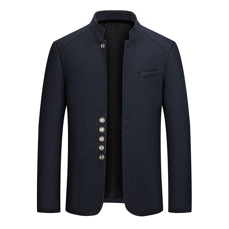 Manteau en laine pour hommes automne et hiver, décontracté, coupe slim, col droit style Zhongshan, manteau en laine uni pour hommes