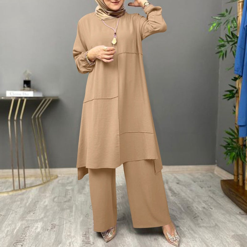 Chemisier à manches bouffantes pour femmes et pantalon à jambes larges