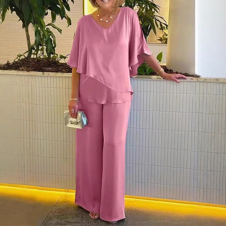 Ensemble décontracté grande taille à col en V, couleur unie, ourlet asymétrique