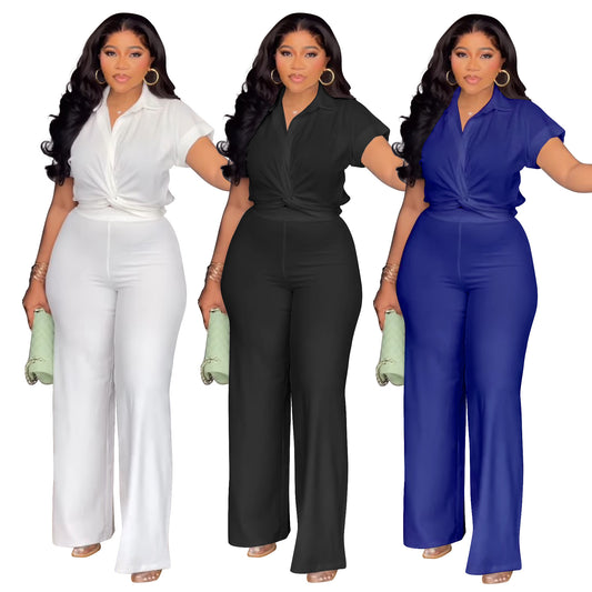 Habit :Ensemble chemise à manches courtes et pantalon taille haute uni pour femme