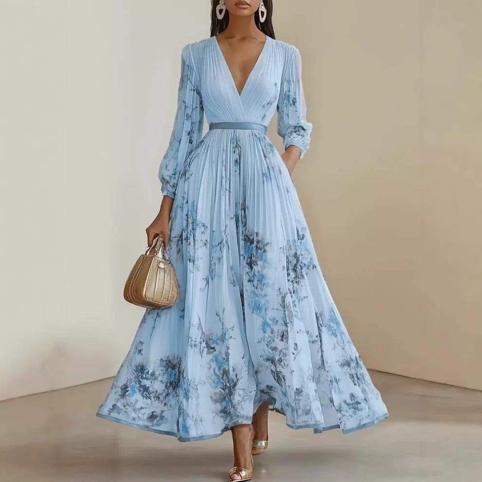 Robe longue à manches longues pour femmes avec col en V et plis