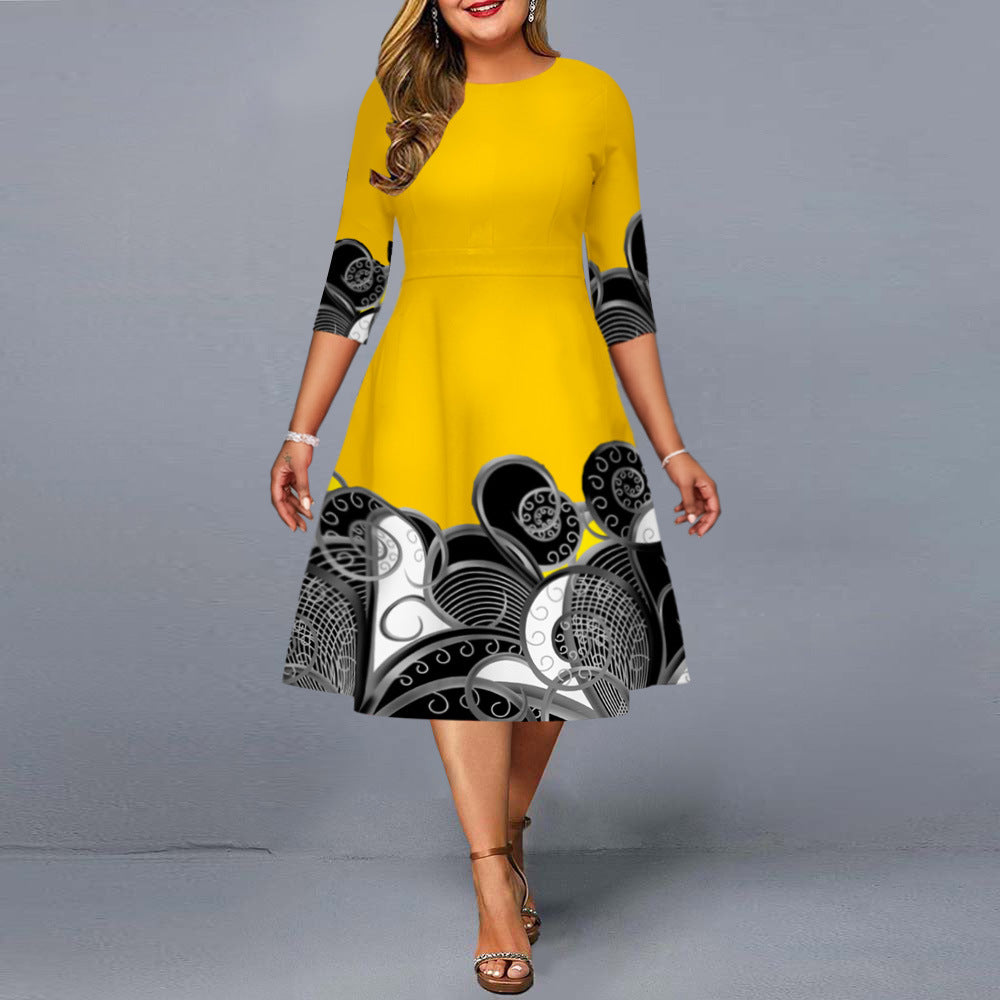 Robe longue à manches longues et longueur mi-longue pour femme, grandes tailles, imprimé floral