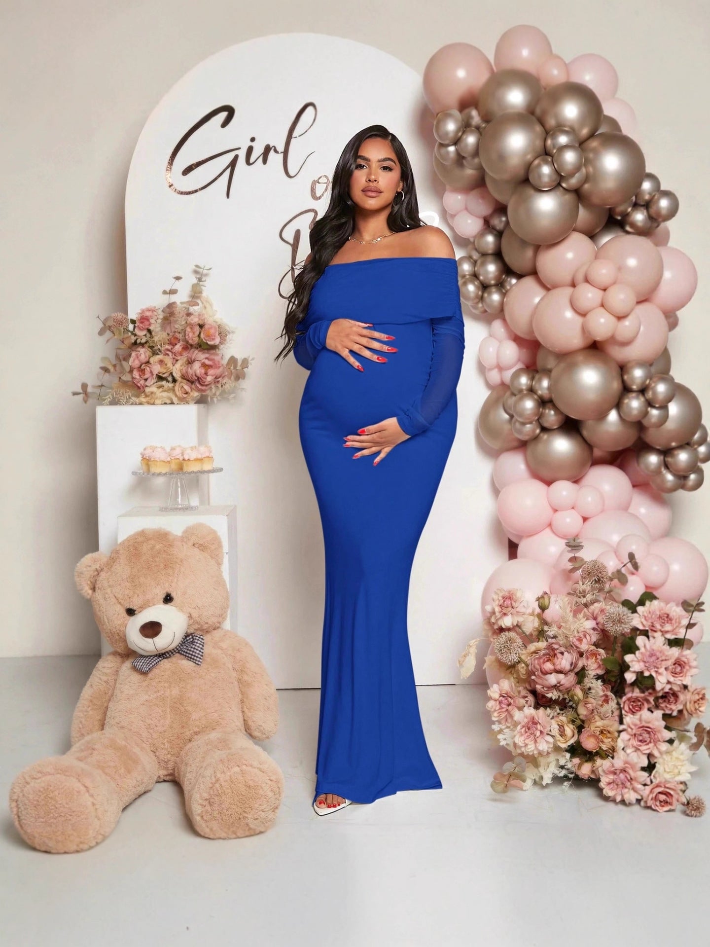 Robe grossesse style sirène à manches longues et épaules dénudées