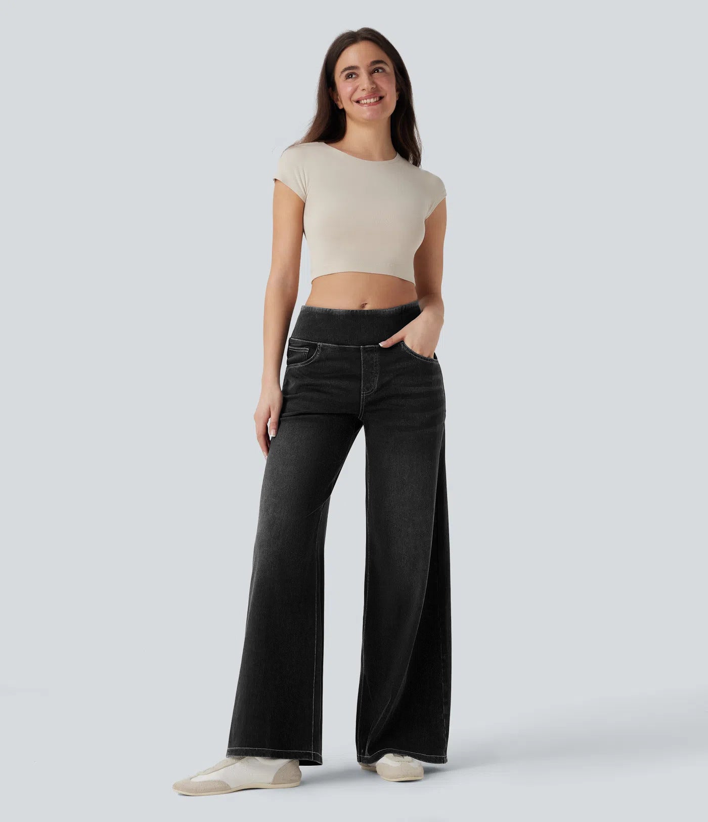 Pantalon en jean femme taille haute à jambes larges et élastique