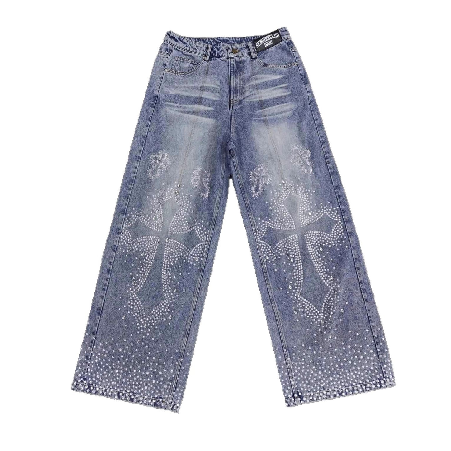 Jean droit ample taille haute orné de strass