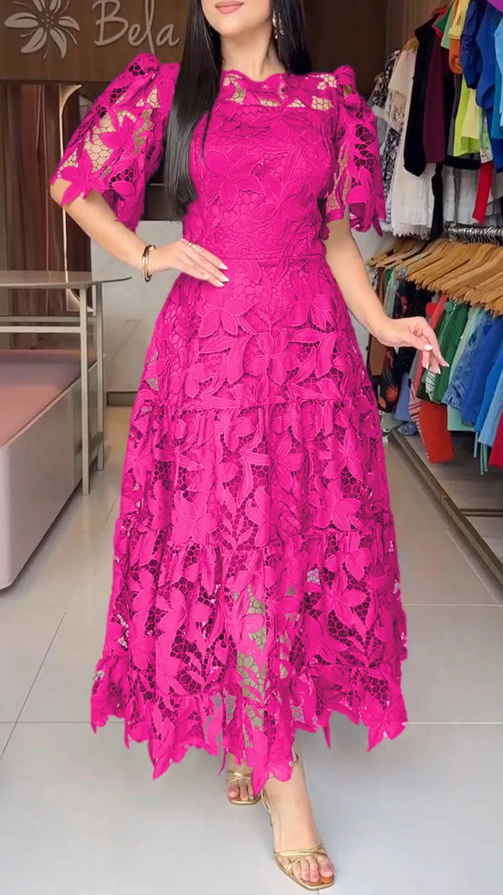 Robe d'été à dentelle ajourée, col rond, taille mi-haute