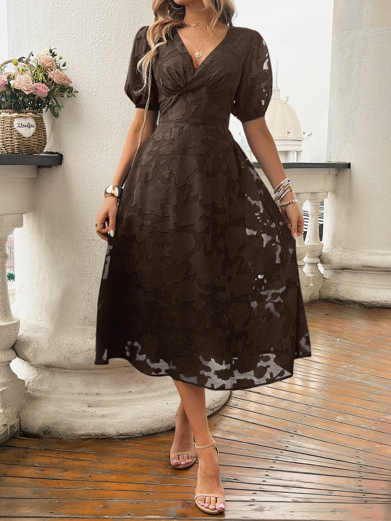 Robe florale pour femmes à col en V et taille haute