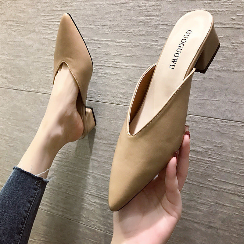 Chaussures :Pantoufles à talons hauts, talons épais, bout pointu, baotou, chaussures d'extérieur, demi-chaussons