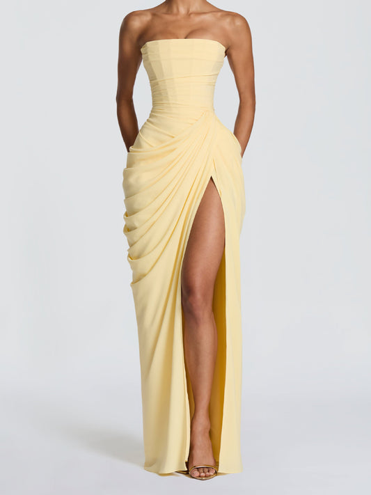 Robe longue bustier sexy à taille froncée avec fente
